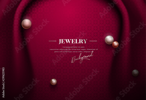 Elegant 3d realistic red vintage fabric drape with shiny pearl, luxury jewelry vector background template