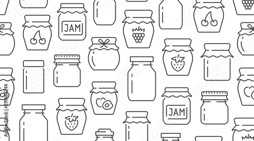 Jam seamless pattern with vector thin line icons. Glass jars with honey, jelly and other canned organic food. Homemade sweet preserves background