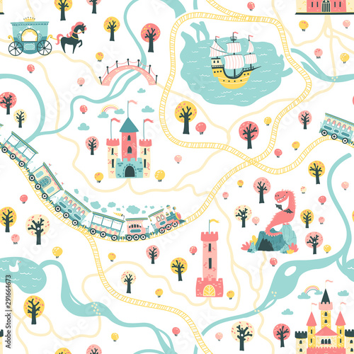 Seamless Pattern cards of the fairytale kingdom with a ship at sea, rivers, train and railroad, castles, towers, dragon cave, princess carriage. Illustration in children's cartoon Scandinavian style.