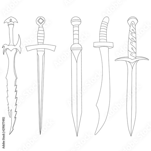 vector, isolated, contour, sketch of weapons, swords, sabers, set