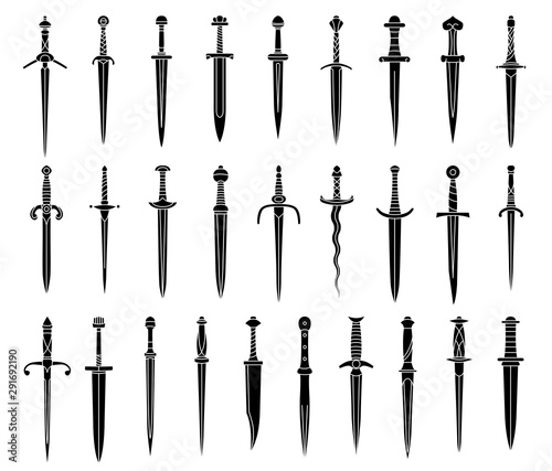Set of simple monochrome images of medieval dagger and dirk.