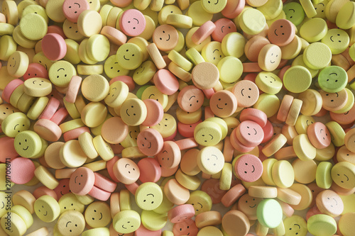 Colorful pills with funny faces. The concept of antidepressants and cure - 3D Rendering