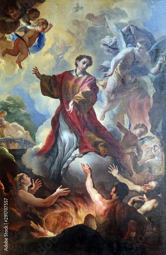 Saint Lawrence and the souls in purgatory altarpiece by Niccolo Lapi in the Basilica di San Lorenzo in Florence, Italy