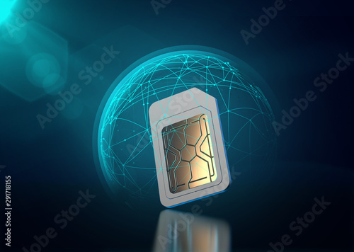 Mobile data protected with blue force field like shield around sim card. Data transfer security concept. 3D rendering