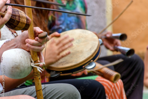 Brazilian musical instrument called berimbau and others usually used during capoeira brought from africa and modified by the slaves