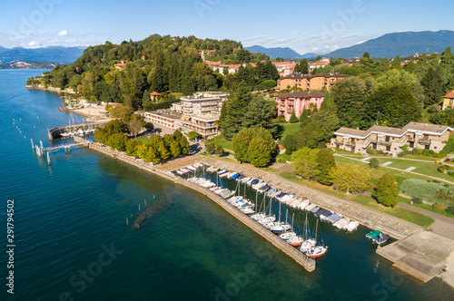 Aerial view of the pier of Ispra on the coast of Lake Maggiore, Lombardy, Italy