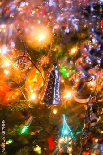 Decorations on fir-tree branches for New Year and holidays.