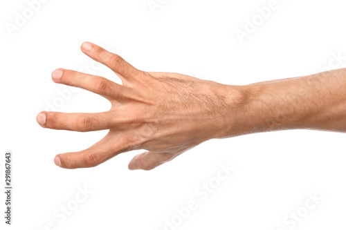 Male hand grabbing something on white background