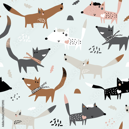Baby seamless pattern with funny dogs. Perfect for kids apparel, fabric, textile, nursery decoration, wrapping paper. Childish vector background. Autumn.