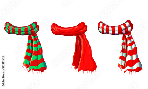 vector winter red scarf collection isolated on white background. illustration of red, green white striped scarves. christmas or holiday wool muffler icon set - winter warming clothes in cartoon style