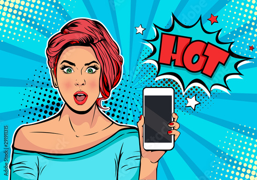 Girl with phone in the hand and discription Hot. Woman with smartphone. Digital advertisement. Some news or sale concept. Wow, omg emotion. Cartoon comic vector illustration in pop art retro style.