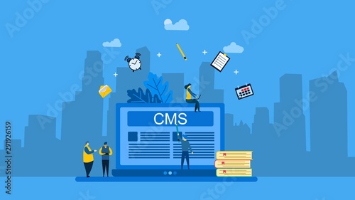 Website or landing page of Content management System with Tiny People Character Concept Vector Illustration, Suitable For web landing page,Wallpaper, Background, Card, banner,Book Illustration