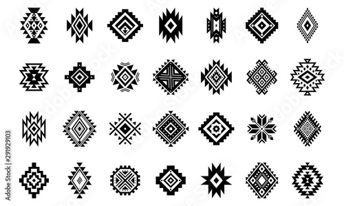 Aztec vector elements. Set of ethnic ornaments. Tribal design, geometric symbols for tattoo, logo, cards, decorative works. Navajo motifs, isolated on white background.