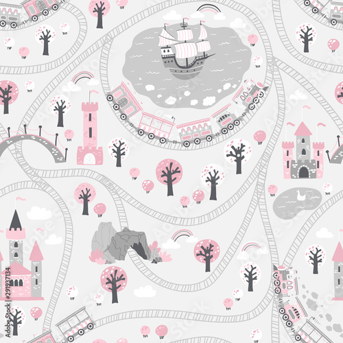 Kingdom seamless pattern in gray pink tones. Children's Vector illustration in Scandinavian style with a railway and a train, sea, ship, princess castle. ideal for baby textiles