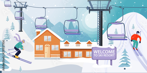 Ski resort banner illustration with ski lift and wooden house. Skiers sportsman slide down the slopes. Skiing in the mountains. Vector illustration.