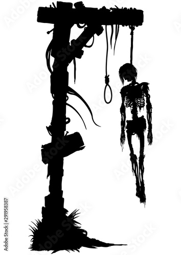 Hanged skeleton silhouette Illustration a fantasy horror gallows and a hanged skeleton