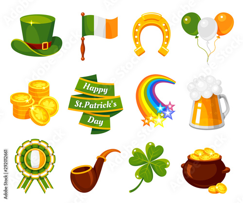 Saint Patricks Day flat vector illustration set