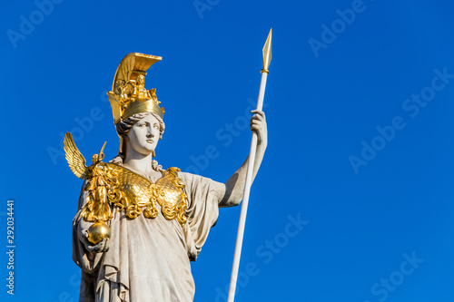 Sculpture of Athena, the Greek goddess of wisdom,outside the Austrian Parliament Building in Vienna, Austria