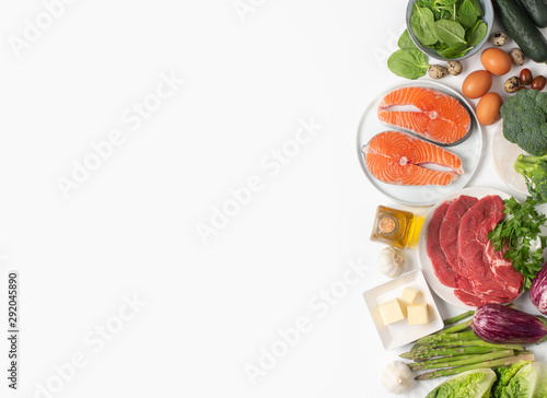 Atkins Diet food ingredients isolated on white, health concept, top view with copy space