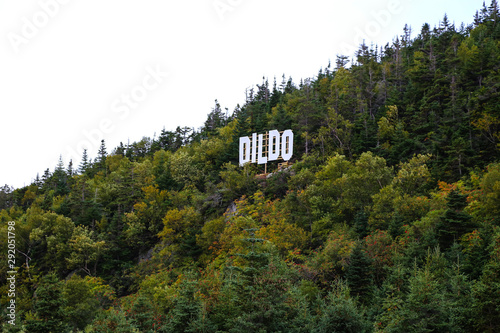 Dildo, a small fishing village in Newfoundland, Town sign on hillside. 