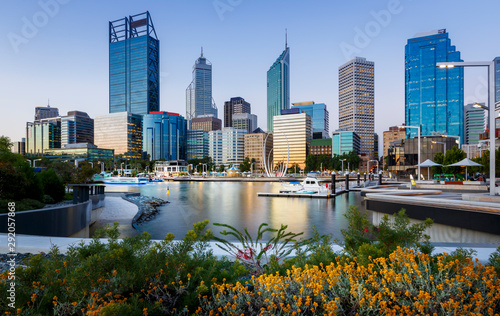 Cityscape of Perth WA from Elizabeth Quay after sunset