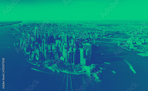 Aerial view of Lower Manhattan, New York with green duotone with duotone