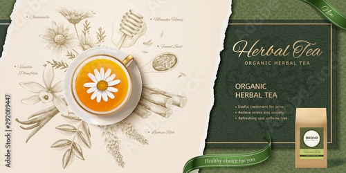Engraving style herbal tea ads