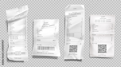 Receipt invoice, paper bills with qr code and barcode for scan set isolated on transparent background. Supermarket shopping retail check and total cost payment blank. Realistic 3d vector illustration