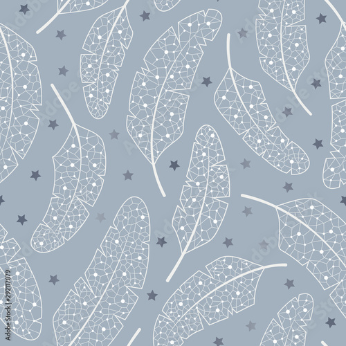 Lacey Winter Holiday Feathers and Sparkling Stars Vector Seamless Pattern