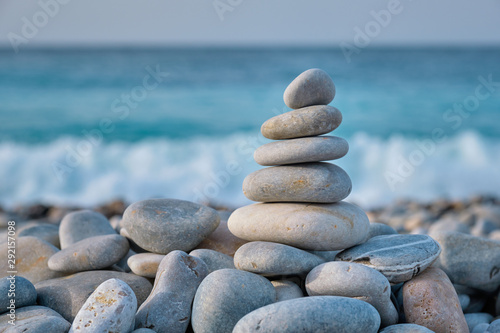 Zen balanced stones stack on beach