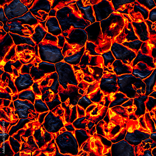 Incandescent lava ground with melting rocks. Seamless digital pattern.