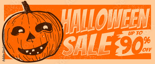 halloween sale up to 90% standard size pop under web banner orange vintage ancient retro style illustration