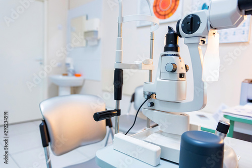 View of slit lamp on table in ophthalmologist room