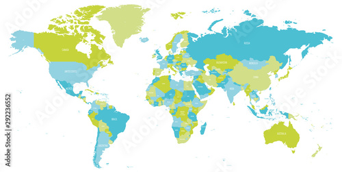 Map of World in shades of green and blue. High detail political map with country names. Vector illustration