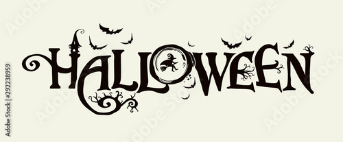 Halloween horizontal banner with vector logo. The inscription with ominous tree branches, bats and a pretty witch on a background of the full moon.