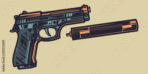 Original color vector illustration of a pistol with unfastened silencer in vintage style