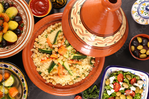 selection of moroccan meal, couscous- tajine-salad