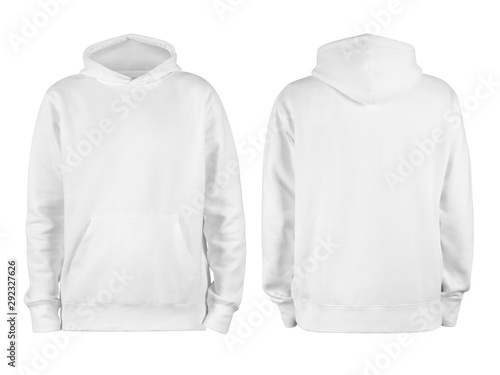 Men's white blank hoodie template,from two sides, natural shape on invisible mannequin, for your design mockup for print, isolated on white background