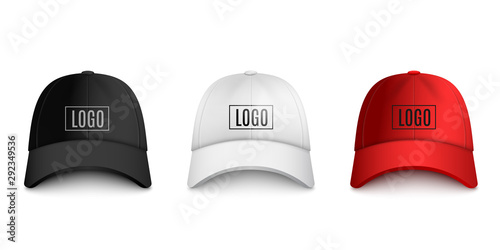 Realistic baseball cap front view mockup set with text logo template.