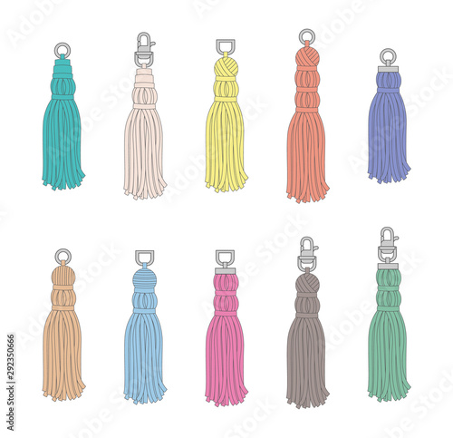 Hand drawn colorful tassel set - isolated flat drawings of textile tassels