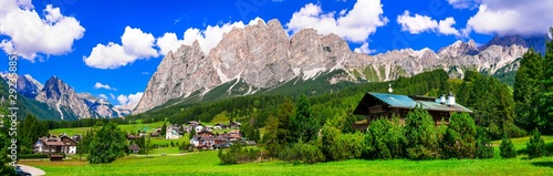 Breathtaking Alpine scenery, Dolomite mountains. beautiful Cortina d'Ampezzo village, famous tourist destination in northen Italy