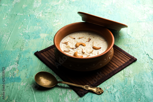 Rice Kheer or Firni or Chawal ki Khir is a pudding from Indian subcontinent, made by boiling milk ,sugar and Rice. Served in a bowl