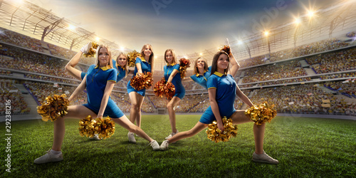 Group of cheerleaders in action on the professional stadium. The stadium and crowd are made in 3d