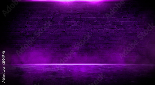 Background of an empty corridor with brick walls and neon light. Brick walls, neon rays and glow. Ultraviolet background of empty foggy street with wet asphalt, illuminated by a searchlight.