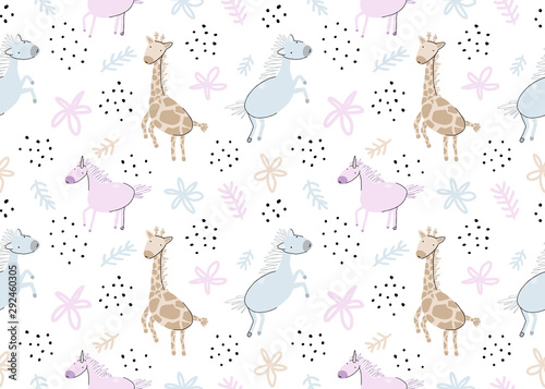 Seamless pattern with hand drawn animals: horse,unicorn, giraffe. Creative childish background. Perfect for kids apparel, fabric, textile, nursery decoration,wrapping paper. Vector Illustration
