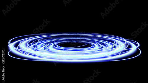 Magic portal. Space travel concept, funnel-shaped tunnel that can connect one universe with another. Blue rays of a black scene with sparks. Space tunnel. Futuristic teleport. 3d illustration