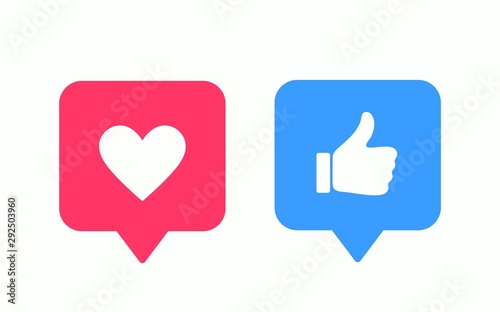 Like or thumb up and heart vector modern icons. Design elements for social network, marketing, smm, app, interface and ad.