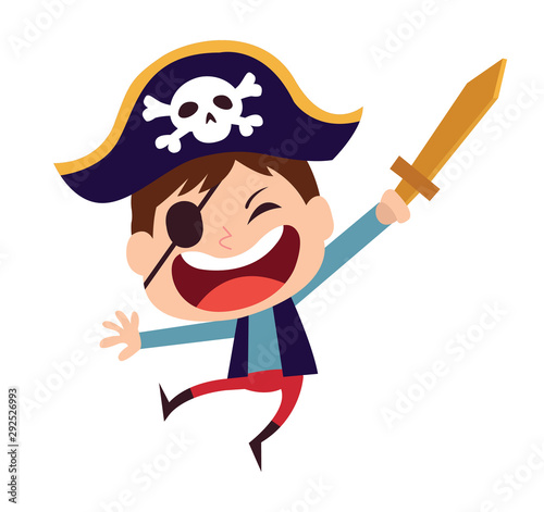 Cute little pirate kid vector cartoon character. Kid in halloween costume.