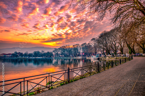 View to the lake Pamvotis at sunset. Ioannina city, Greece.