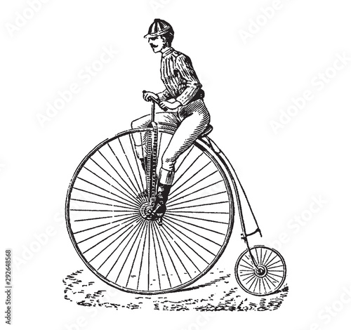 Vintage engraving of a man riding a bike